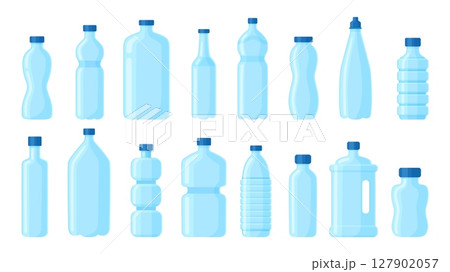 Cartoon empty plastic bottles. Containers for liquids, drinking and technical water. Aqua packaging shapes, beverages package, neoteric vector set 127902057
