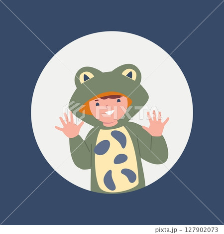 Hello print with happy kid in amigurumi frog costume. Cute toddler in pajama or carnival suit. Positive emotional sticker, childish vector character 127902073