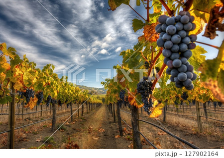 Ripe bunches of grapes are hanging on vines in a vineyard, bathed in warm sunlight 127902164