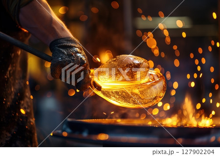 Glassblower is holding a metal rod with a glowing molten glass object on the end with sparks flying around it 127902204