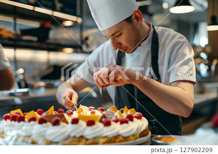 Pastry chef carefully decorates a fruit cake with whipped cream and fresh raspberries in a professional kitchen 127902209