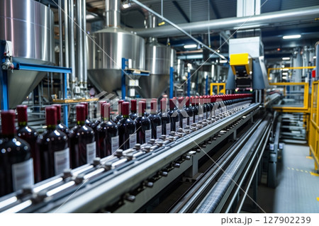 Wine bottles smoothly glide on conveyor belt in busy factory, showcasing modern technology and efficiency of production line 127902239
