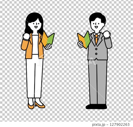 初心者マークを持ってガッツポーズをするビジネスパーソンの全身イラスト素材 127902263