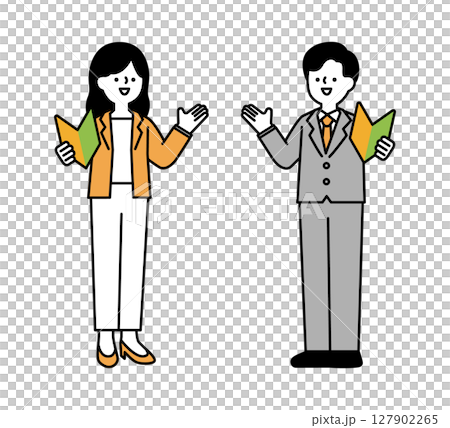 Full-body illustration of a smiling business person talking while holding a beginner's mark Full-body illustration of a smiling business person talking while holding a beginner's mark 127902265