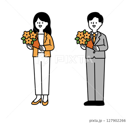 花束を持っている笑顔のビジネスパーソンの全身イラスト素材 花束を持っている笑顔のビジネスパーソンの全身イラスト素材 127902266