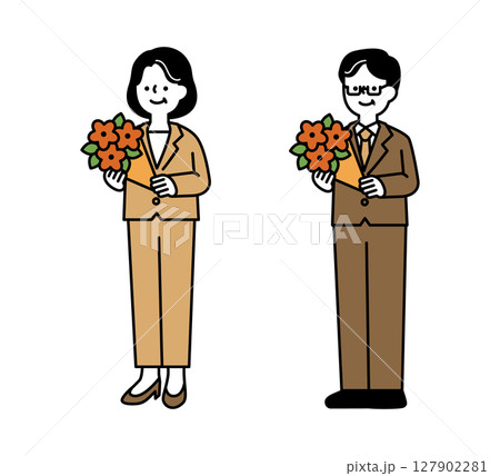 花束を持っている笑顔のミドル・シニア世代ビジネスパーソンの全身イラスト素材 127902281
