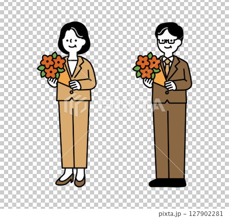 花束を持っている笑顔のミドル・シニア世代ビジネスパーソンの全身イラスト素材 127902281