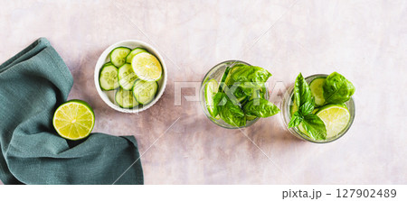 Low alcohol refreshing herbal spa spritz in glasses on the table top view web banner 127902489