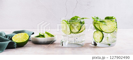 Spa spritz with cucumber, lime and basil in glasses on the table web banner 127902490