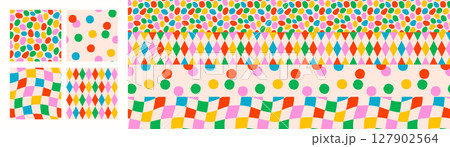 Colorful confetti pattern backgrounds with abstract dot, diamond, square, and wavy checker elements. Retro pattern and seamless vector design for wallpaper, wrapping, and fabric. Drag to swatches Colorful confetti pattern backgrounds with abstract dot, diamond, square, and wavy checker elements. Retro pattern and seamless vector design for wallpaper, wrapping, and fabric. Drag to swatches 127902564