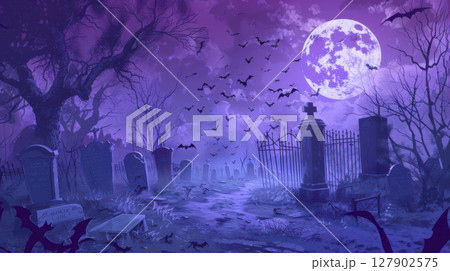不気味な夜の墓地のハロウィン背景 127902575