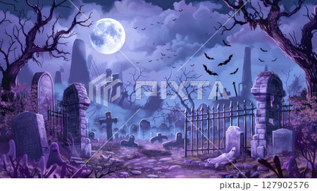 不気味な夜の墓地のハロウィン背景 127902576