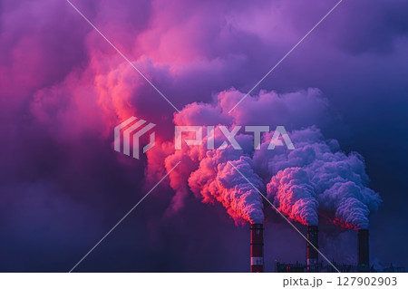 Haunting Red Dusk Over Massive Industrial Chimneys with Dramatic Cloud Patterns 127902903