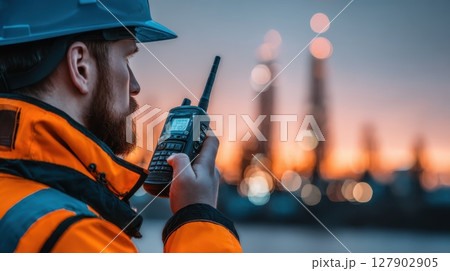 Maritime Worker Coordinating Cargo Operations During Shift Using Walkie-Talkie at Dusk 127902905