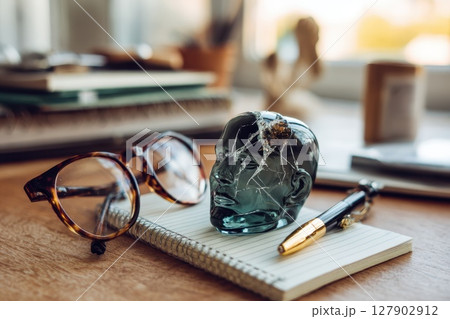Abstract Glass Head Sculpture with Visible Cracks and Stylish Eyeglasses on Wooden Table Abstract Glass Head Sculpture with Visible Cracks and Stylish Eyeglasses on Wooden Table 127902912