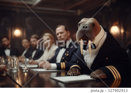A Serious Walrus Dressed in an Executive Suit at a Formal Meeting Table with Colleagues A Serious Walrus Dressed in an Executive Suit at a Formal Meeting Table with Colleagues 127902913