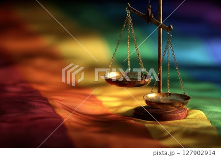 Scales of Justice Positioned Against Blurred Rainbow Background in Vibrant Colors 127902914