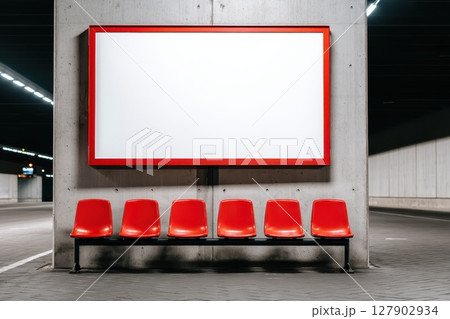 A white billboard with red letters and a red bench behind it 127902934