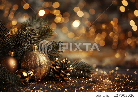 Glowing christmas greeting card with golden bokeh and sparkling lights 127903026
