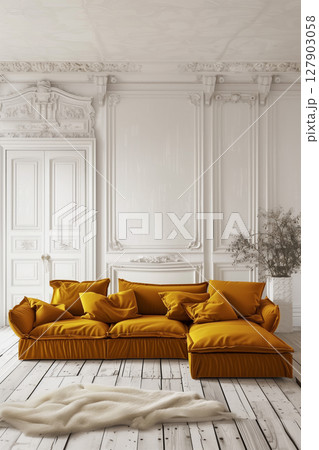 Mustard yellow modular sofa in a stylish minimalist living room design 127903058
