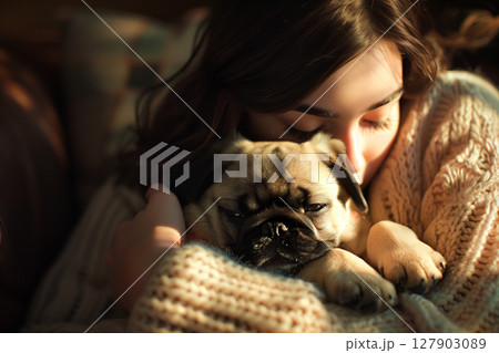 Warm and cozy home: a woman hugging a puppy with love and care 127903089