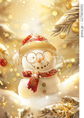 Luxurious golden christmas greeting card featuring a dancing snowman with glittering decor elements 127903091