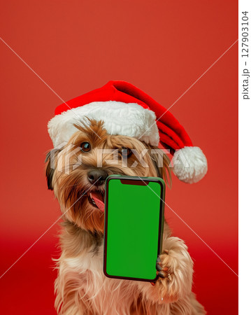 Festive christmas puppy dog in santa hat holding smartphone with green screen 127903104