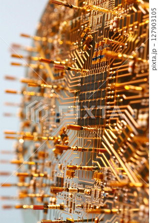Closeup view of computer processor chip with detailed gold pins and contacts 127903105