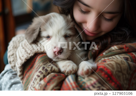 Warm and cozy home: a woman hugging a puppy with love and care 127903106