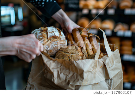 Close-up view of a seller packing freshly baked bread into paper bags in a bakery shop 127903107