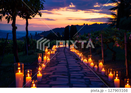 Twilight pathway of flickering candles creating a romantic atmosphere 127903108