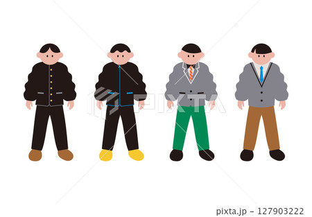 様々な制服を着た男子学生のシンプルなイラストの素材セット 127903222