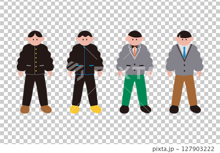 様々な制服を着た男子学生のシンプルなイラストの素材セット 127903222