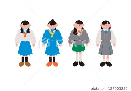 様々な制服を着た女子学生のシンプルなイラストの素材セット 様々な制服を着た女子学生のシンプルなイラストの素材セット 127903223
