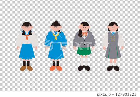 様々な制服を着た女子学生のシンプルなイラストの素材セット 様々な制服を着た女子学生のシンプルなイラストの素材セット 127903223