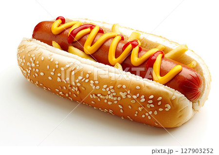 Classic american hot dog withmustard, ketchup, and fries on sesame seed bun Classic american hot dog withmustard, ketchup, and fries on sesame seed bun 127903252