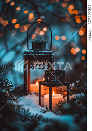 Magical new year and christmas card with glittering lights and cozy lanterns 127903303