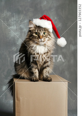christmas cat in santa hat in brown box on grey background with a place for text. 127903352