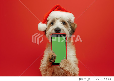 Festive christmas puppy dog in santa hat holding smartphone with green screen 127903353