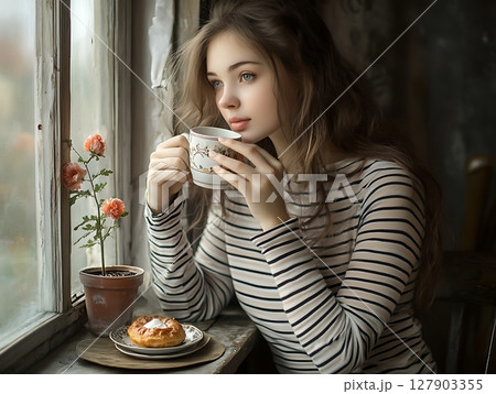 Woman sipping tea by the window in a cozy setting 127903355