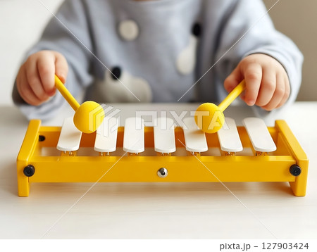 Child Playing Yellow Xylophone with Mallets in Fun Activity 127903424