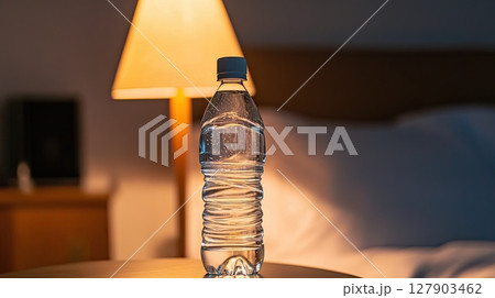 Plastic bottle of water on nightstand in cozy hotel room with warm lamp light in background 127903462