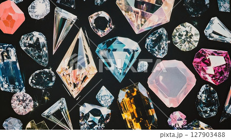 Colorful cut gemstones and crystals on black background, close-up view 127903488