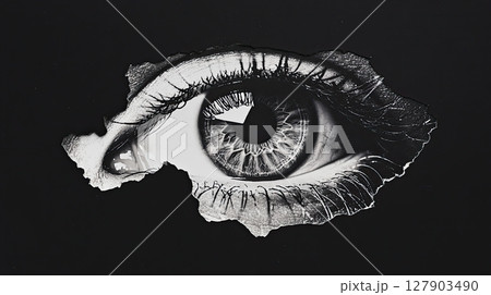 Mixed media artwork featuring a vivid eye and textured paper cutout layers Mixed media artwork featuring a vivid eye and textured paper cutout layers 127903490