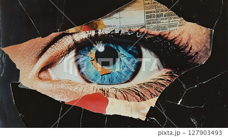 Artistic close-up of blue eye in torn paper collage with retro aesthetic elements 127903493