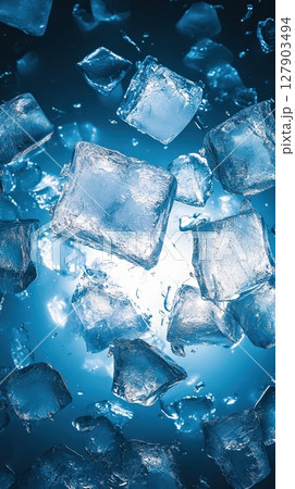 Transparent ice cubes swirling in cold water, creating a cool refreshing feel Transparent ice cubes swirling in cold water, creating a cool refreshing feel 127903494