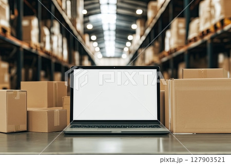 Warehouse with laptop and shipping boxes for ecommerce logistics and inventory management concept 127903521