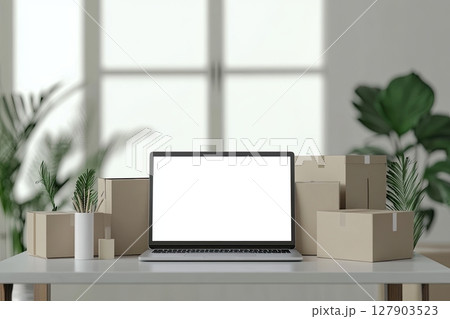 Laptop with blank screen surrounded by cardboard boxes on desk in modern workspace 127903523