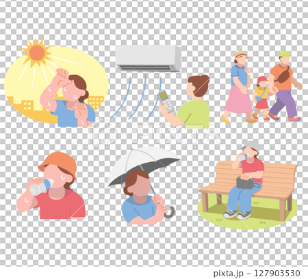 Illustration set of people taking measures against heat stroke Illustration set of people taking measures against heat stroke 127903530
