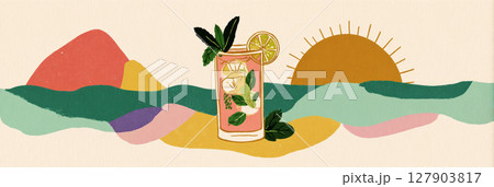 A vibrant mojito rests on a bar counter, with a stunning ocean view and a colorful sunset in the background, evoking a relaxing tropical atmosphere, banner A vibrant mojito rests on a bar counter, with a stunning ocean view and a colorful sunset in the background, evoking a relaxing tropical atmosphere, banner 127903817
